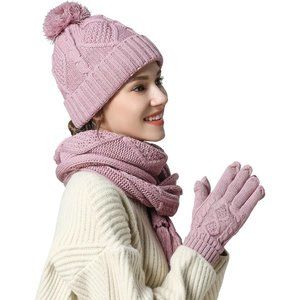 3pcs Women Beanie Warm Knit Pom Cap Touch Screen Glove Long Scarf